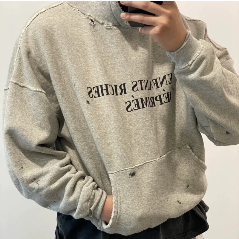 ERD忧郁富二代字母渐变蓝色宽松高街水洗做旧美式运动连帽卫衣男