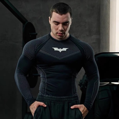 YOUNGLA联名蝙蝠侠美式长袖男慢跑运动健身速干弹力紧身衣训练服