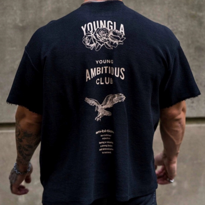 YOUNGLA男士超大T恤毛圈面料印花毛边运动健身短袖时尚休闲运动服