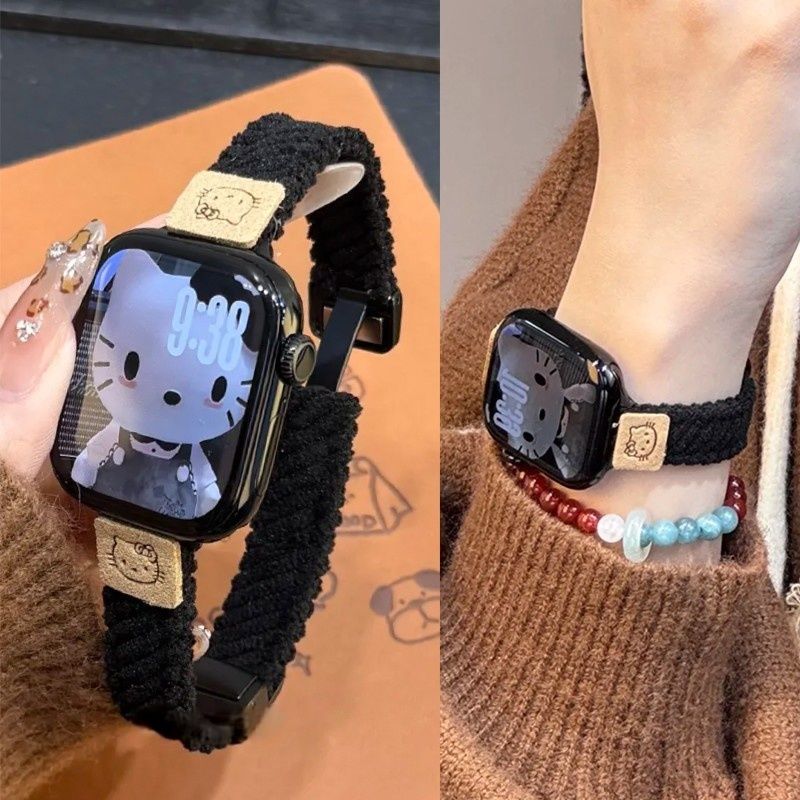 适用Applewatch10/11秋冬磁吸扣毛绒KT猫表带苹果手表9876543SE2