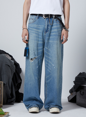 POS 2513蓝色泼墨刀割破坏割裂牛仔裤水洗蓝做旧