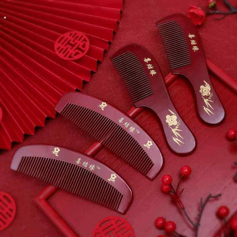 婚庆梳子结婚用品大全大红色新娘陪嫁喜庆木质长柄直梳二件套装木