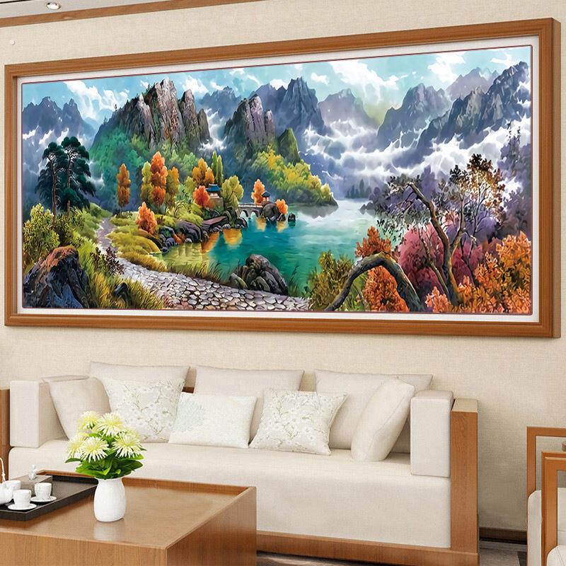 流水生财十字绣线绣自己绣2022新款客厅聚宝盆山水风景画手工满绣