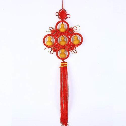 五福葫芦挂件装饰品 桃木红色中国结家居装饰 玄关入户门吉祥挂饰