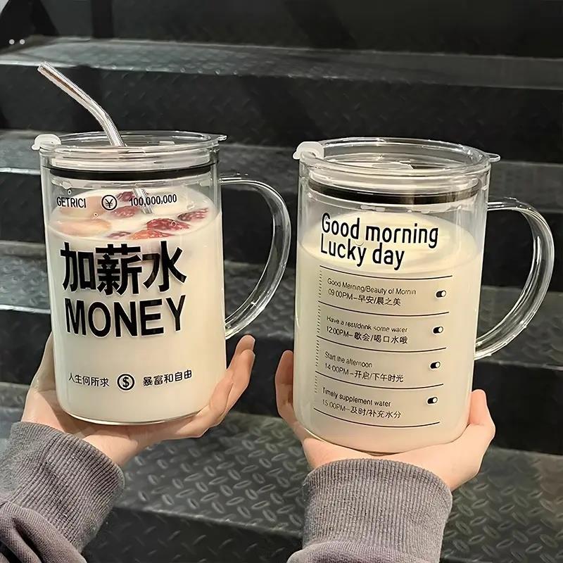 办公室男女生大容量1000ml刻度玻璃喝水杯带吸管咖啡杯奶茶杯