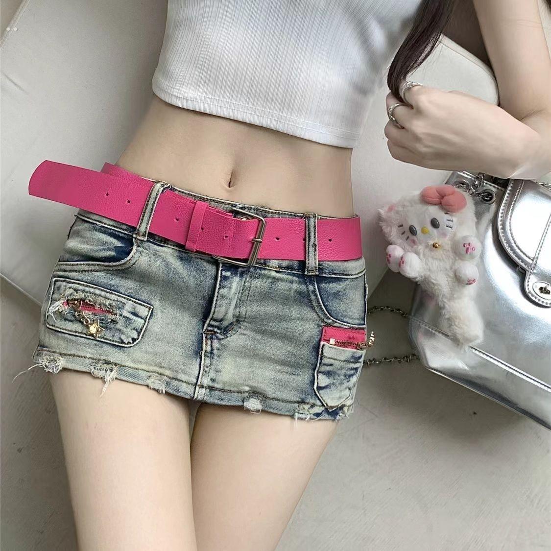 皮带y2k女时尚玫红色装饰腰带配牛仔短裤牛仔裙辣妹粉色简约风潮