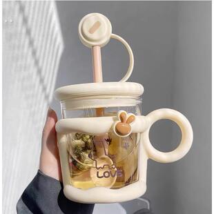 夏日饮水杯玻璃杯女生高颜值带吸管马克杯咖啡牛奶高硼硅便携泡茶