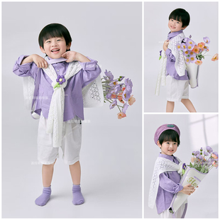 春季小清新3岁-7岁男童摄影服装紫色春日主题小童周岁照写真照