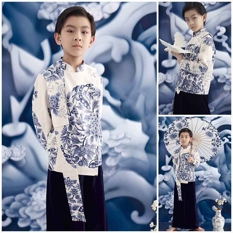 男童拍照衣服国潮风青花瓷中国风