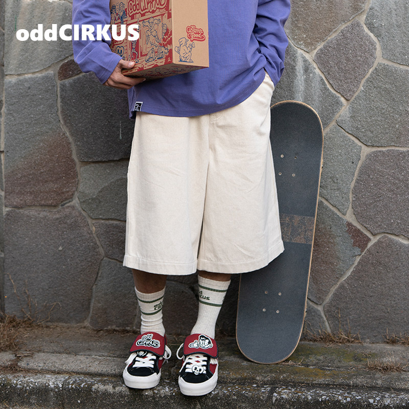 oddCIRKUS宽松牛仔 阔腿中裤燕麦色七分裤日系裤子休闲短裤