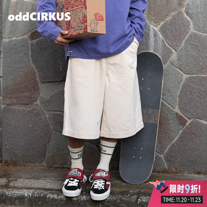 oddCIRKUS宽松牛仔 阔腿中裤燕麦色七分裤日系裤子休闲短裤
