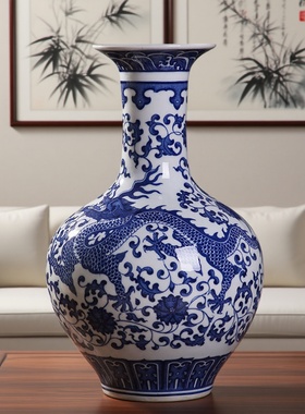 新中式茶室酒店博古架高档复古装饰品青花陶瓷器花瓶插花摆件套装