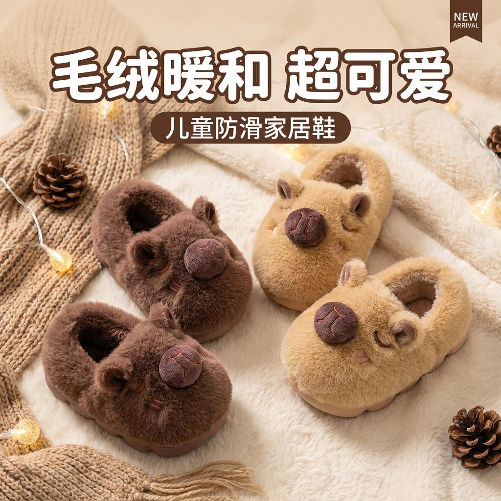 卡皮巴拉儿童棉拖鞋男包跟