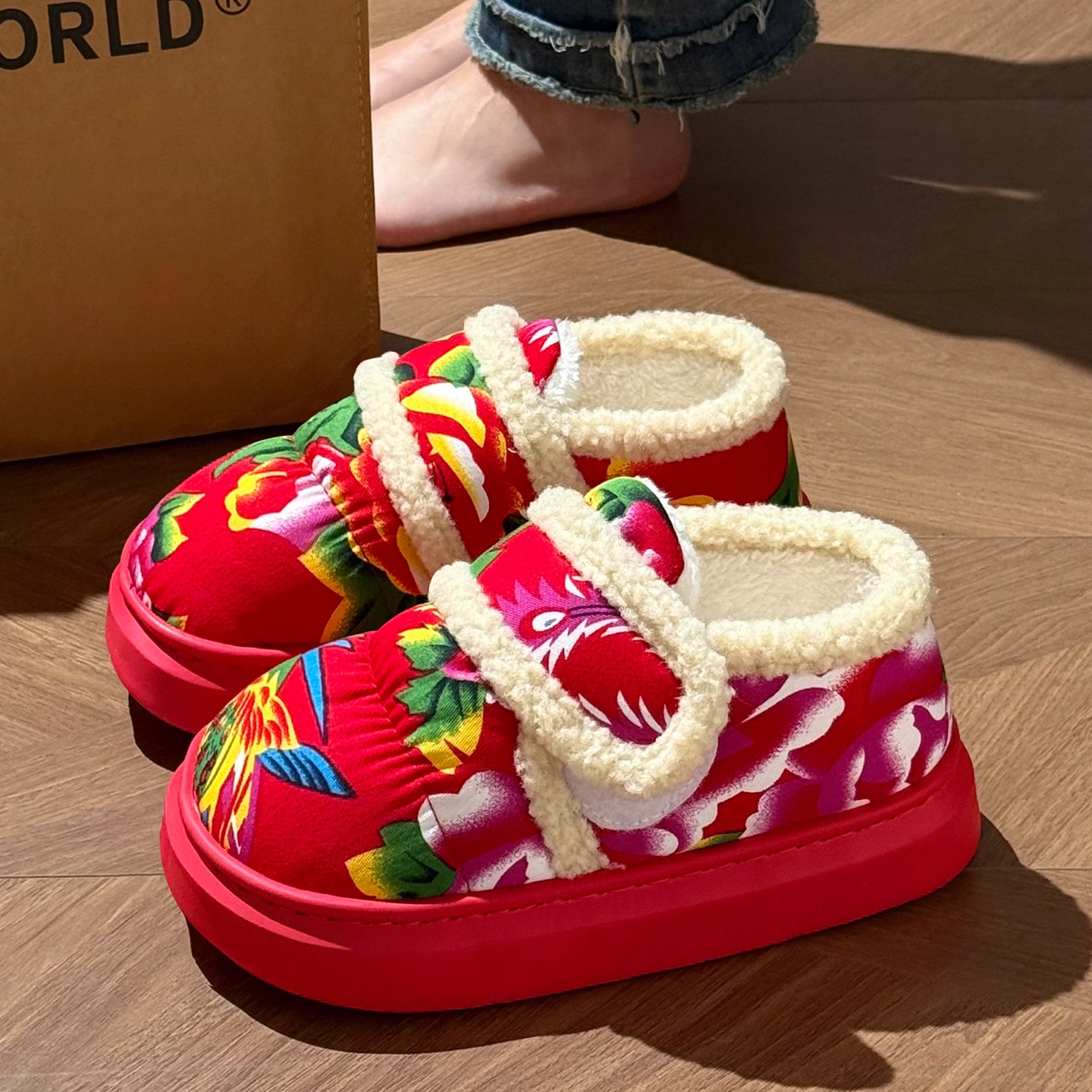 东北大花包跟棉拖鞋女款秋冬季新款居家外穿防滑喜庆加绒保暖棉鞋