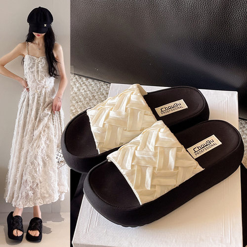 韩版简约编织厚底一字拖鞋女2026夏季新款增高休闲露趾凉拖鞋女