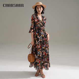 香莎CHANSARR 扶桑花真丝连衣裙 法式时尚长裙修身