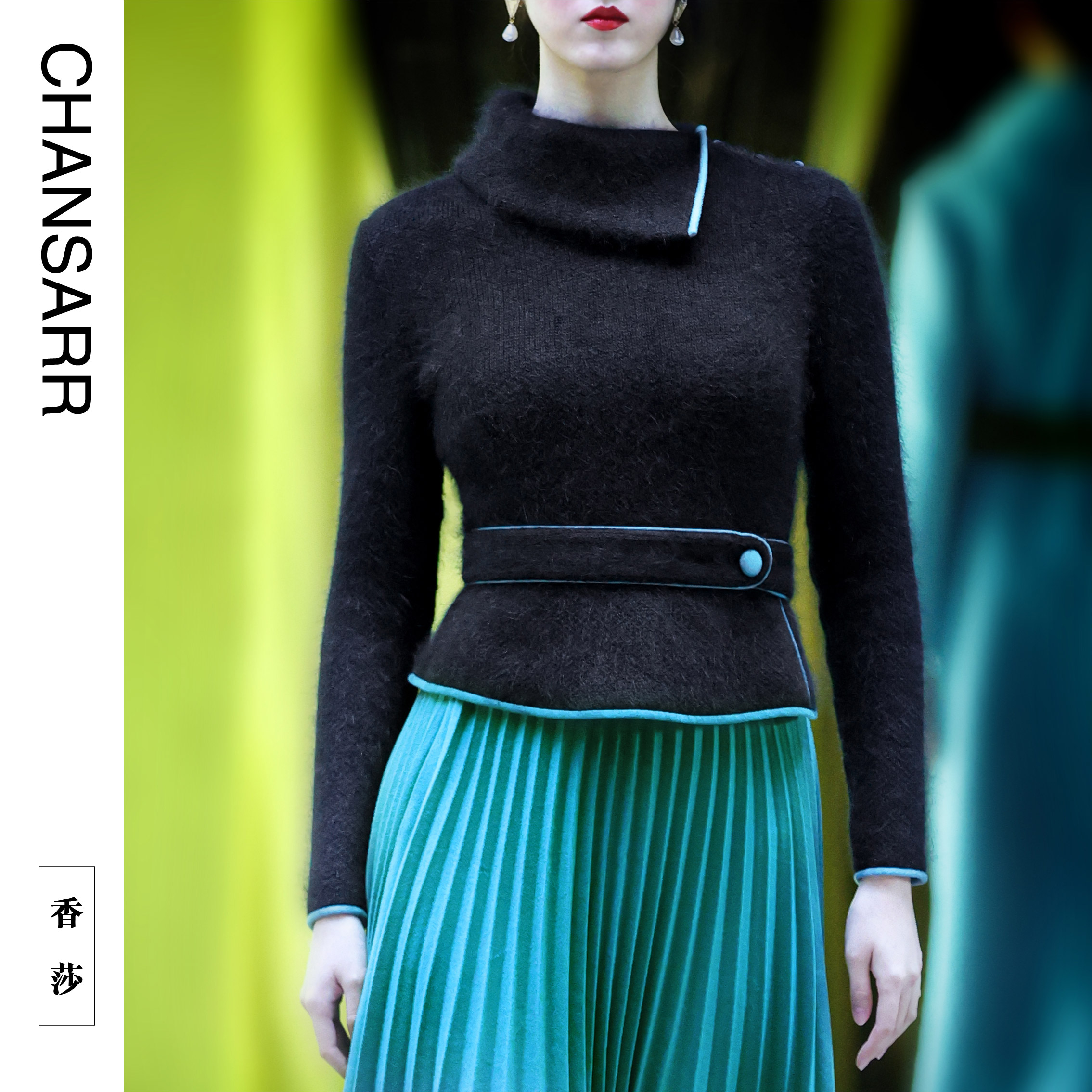 原创设计品牌 香莎拼色高领针织上衣824479176