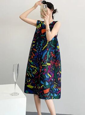 宅风设计感褶皱连衣裙女宽松遮肚优雅无袖马卡龙背心款弹簧中裙