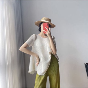 小众T恤三 圆领宽松显瘦中长版 116 不规则百褶短袖 宅褶皱上衣女