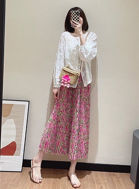 松紧腰粉色碎花半身裙女夏季2025新款梨形身材垂感遮胯百裙A 099