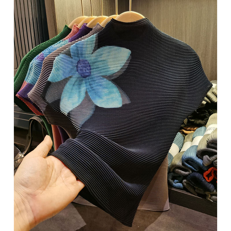 宅新款玉米粒轻薄料子~褶皱夏季短袖通勤立领T恤上衣休闲宽松三