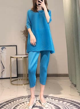 褶皱两件套女2025夏季新款宽松减龄气质时尚天蓝色套装欧洲站 019
