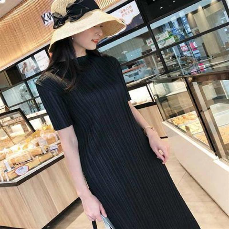 宅褶皱连衣裙2025春夏季中长款大码女装显瘦气质百搭打底裙 013三
