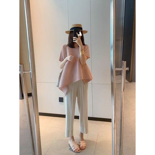 116 小众圆领显瘦t恤三 宅上衣女褶皱不规则百褶短袖 夏宽松中长款