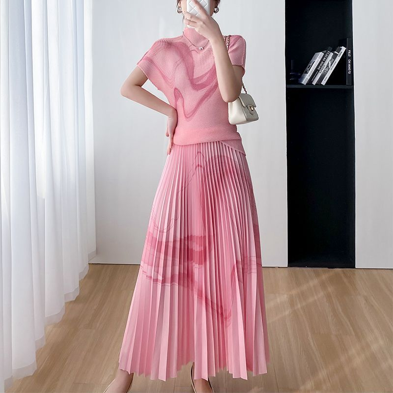 宅高端气质褶皱减龄套装女夏新款高级感印花短袖T恤百褶半三 168