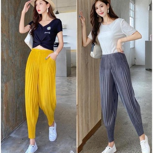 016 显瘦哈伦束脚九分凉爽透气三 宅褶皱神裤 压皱女休闲萝卜灯笼裤