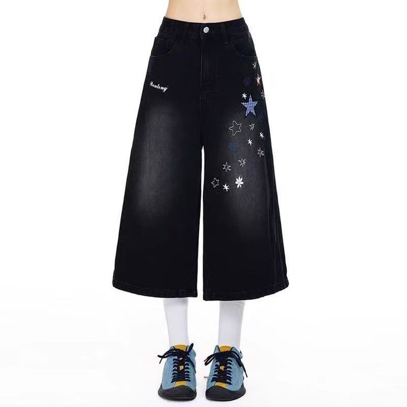 美式满天星星贴布黑色牛仔短裤女2026新款个性ins刺绣阔腿七分裤