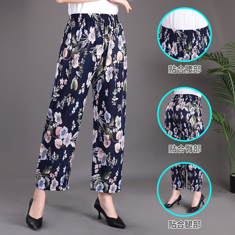 中老年大码裤子女夏季宽松长裤妈妈可外穿人造棉老太太棉绸休闲裤