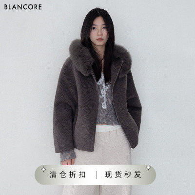 BLANCORE狐狸毛毛领羊驼毛短大衣