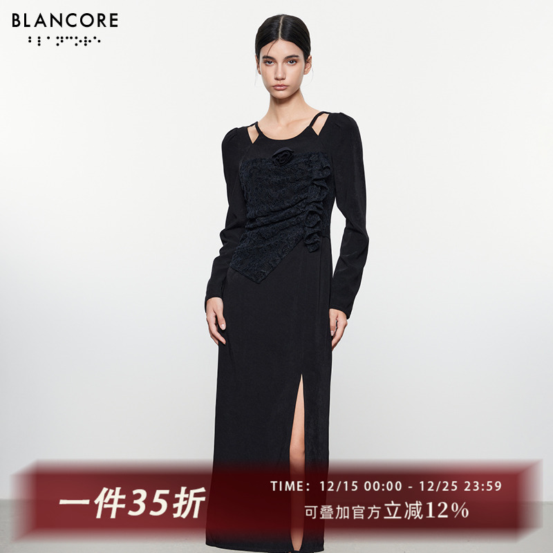BLANCORE蕾丝拼接玫瑰装饰连衣裙