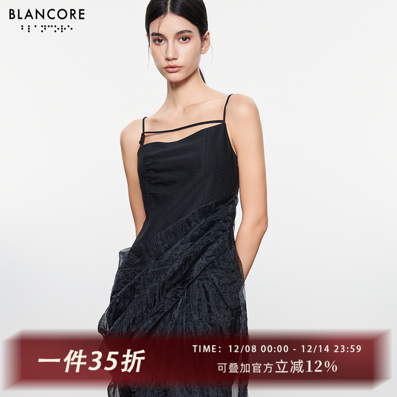 BLANCORE气质优雅拼纱茧形连衣裙