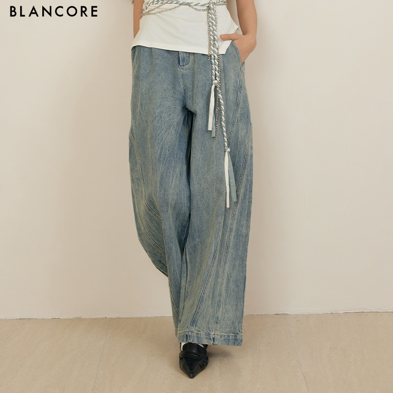 BLANCORE斜分割双腰头阔腿牛仔裤