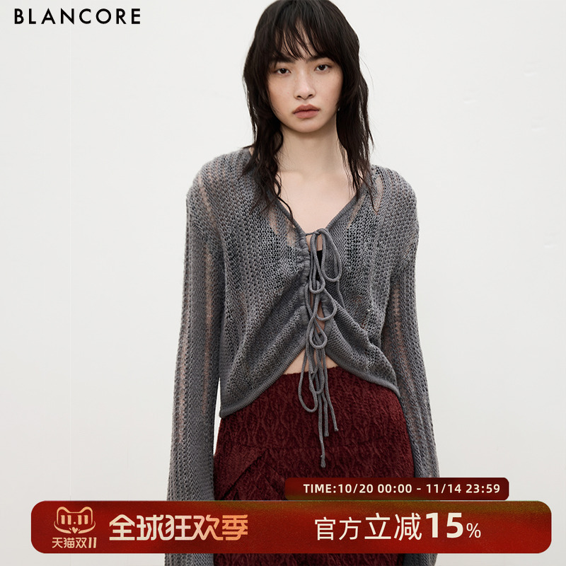 BLANCORE镂空抽皱两穿毛织上衣