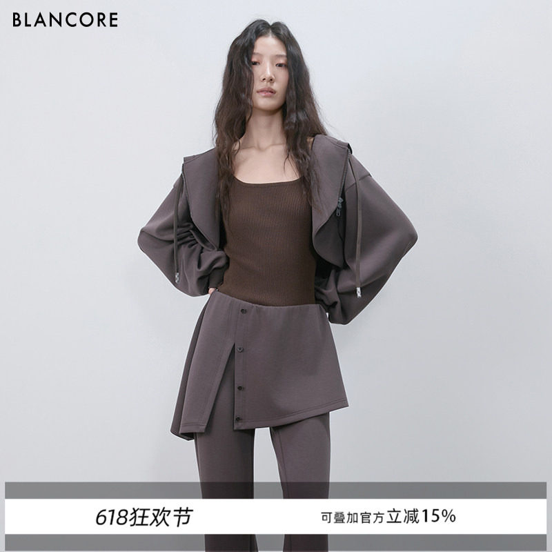 【设计师品牌BLANCORE】2026春新品收腰拉链短卫衣落肩袖外套