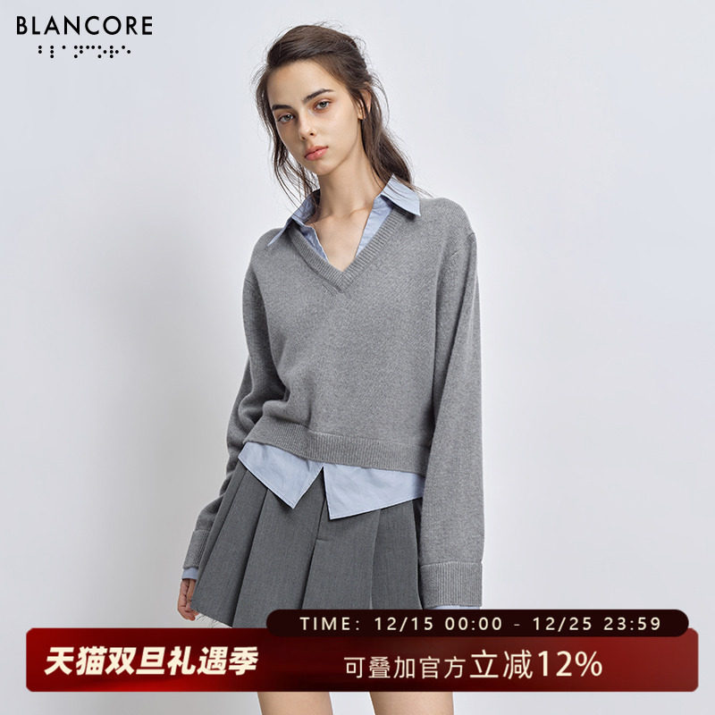 BLANCORE假两件衬衫领毛织上衣