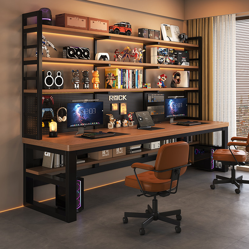 实木电脑桌家用卧室书架书桌洞洞板一体台式电脑桌现代双人写字桌