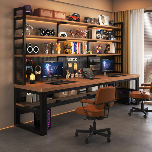 实木电脑桌家用卧室书架书桌洞洞板一体台式电脑桌现代双人写字桌