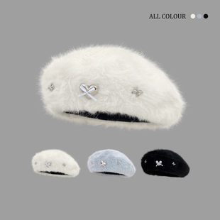 大头围爱心兔毛贝雷帽女秋冬韩版 百搭显脸小画家帽子毛绒绒报童帽