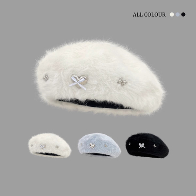 大头围爱心兔毛贝雷帽女秋冬韩版