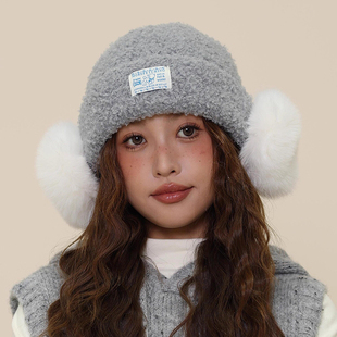 韩系毛绒绒针织帽女秋冬季 护耳包头毛线帽大头围加厚保暖百搭冷帽