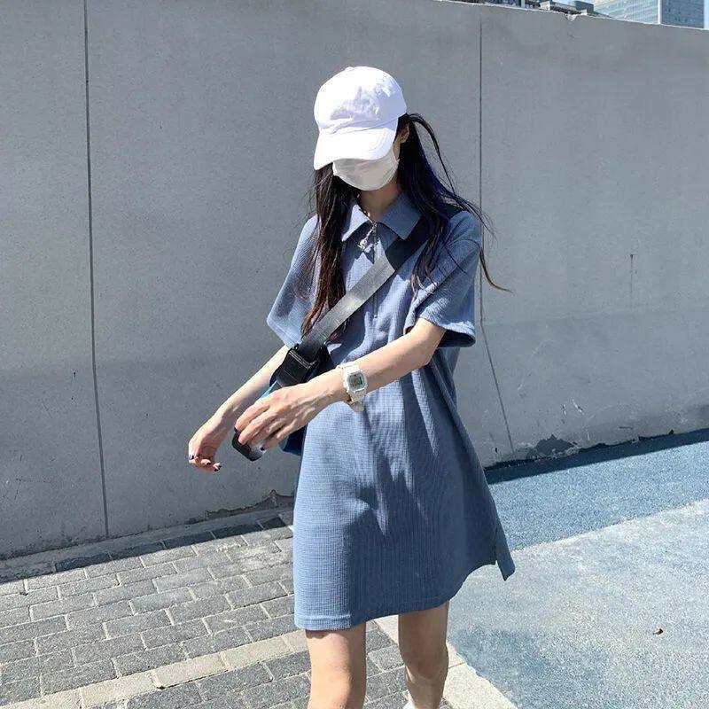 华夫格POLO领直筒洋气连衣裙2026新款夏季纯色简约减龄短裙女