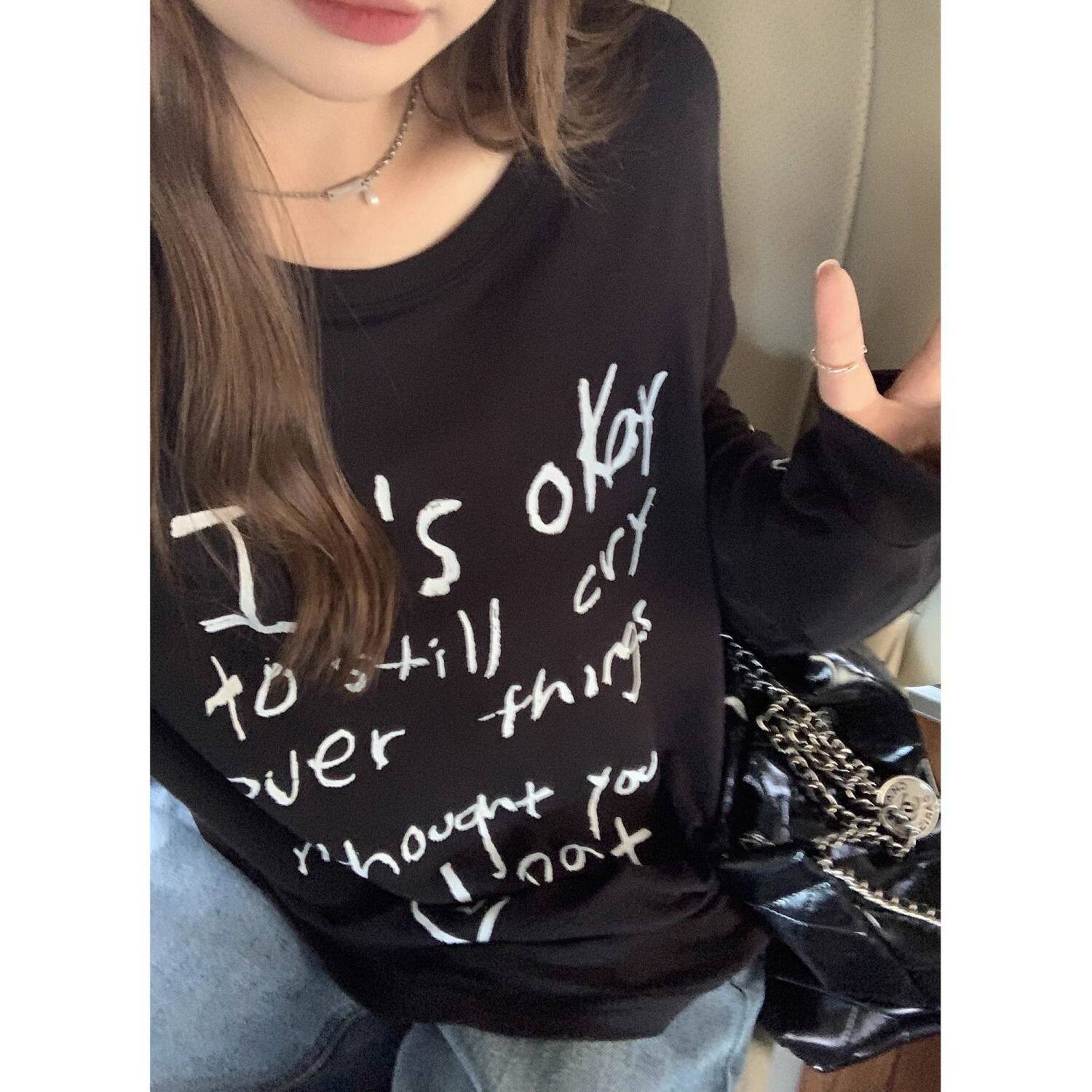 爱心印花慵懒秋季长袖t恤女早秋薄款宽松胖mm显瘦上衣内搭打底衫