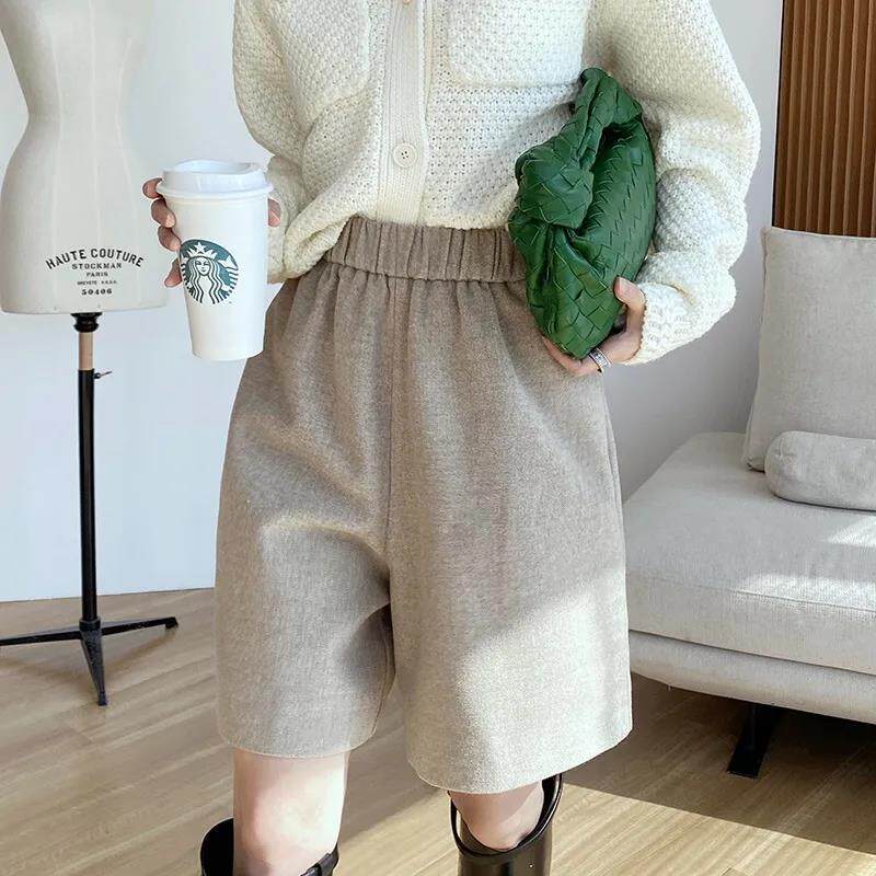 高档气质松紧高腰毛呢阔腿裤女春秋新款直筒宽松显瘦五分裤中裤子