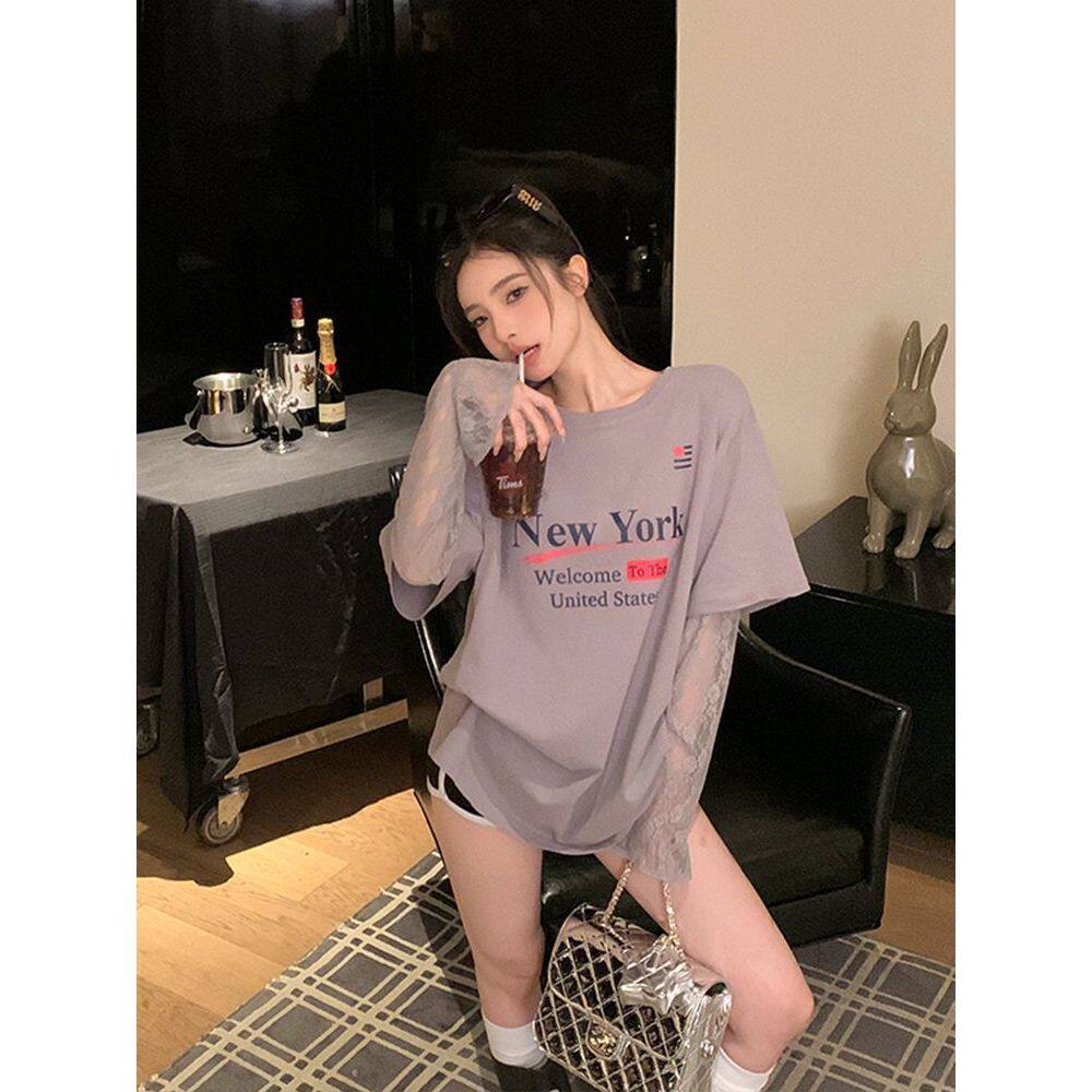 别致设计感纯棉字母蕾丝拼接假两件T恤女宽松百搭防晒长袖上衣潮