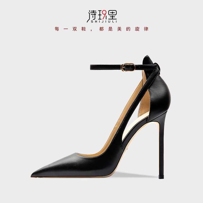 黑色尖头高跟凉鞋女2025年夏季网红软皮一字带扣中空绑带细跟女鞋