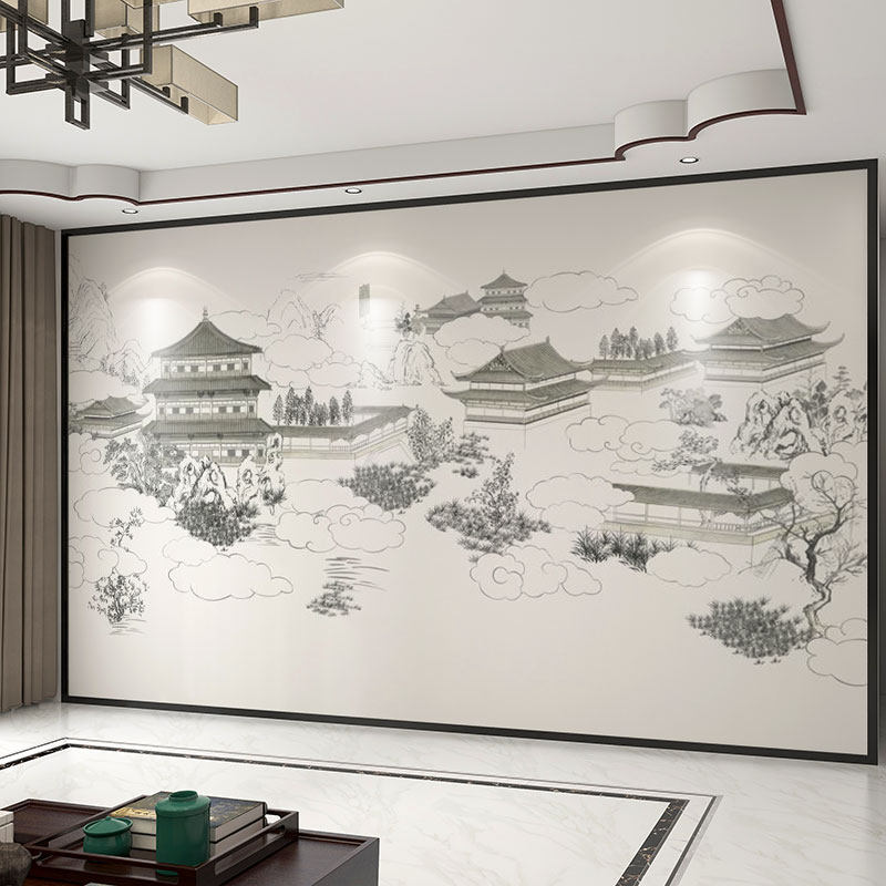 墙纸定制3d中式复古祥云阁楼电视背景墙壁纸客厅壁布卧室墙布壁画